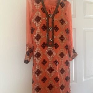 Women’s Orange Embroidered Long-Sleeve Dress